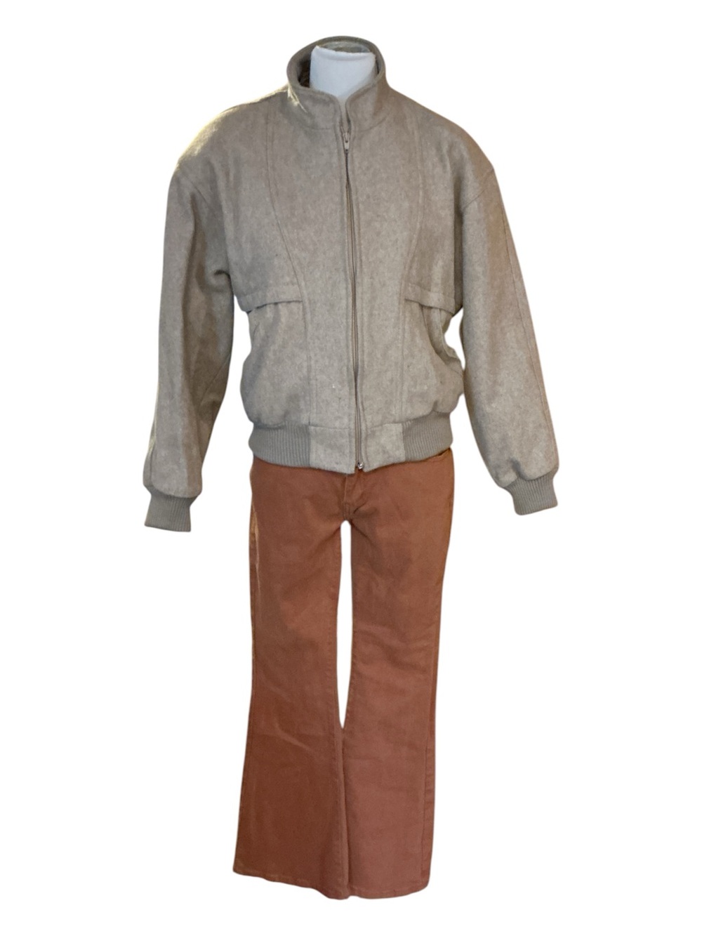 Neutral Beige Bomber Jacket with Rust Brown Pants